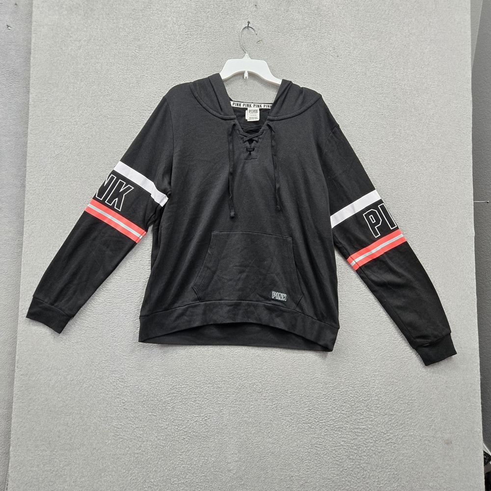 PINK Victoria's Secret Women Hoodie L Black Striped Logo Lace Up Fleece Pullover
